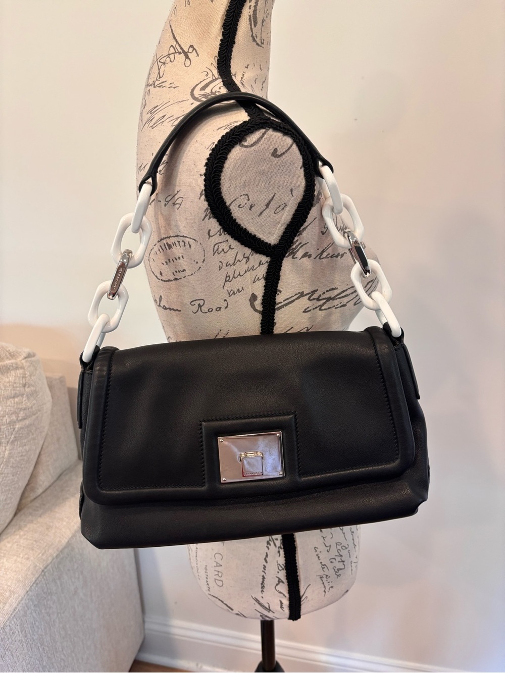 Tiffany & Co. leather flap shoulder bag with white chain link shoulder strap